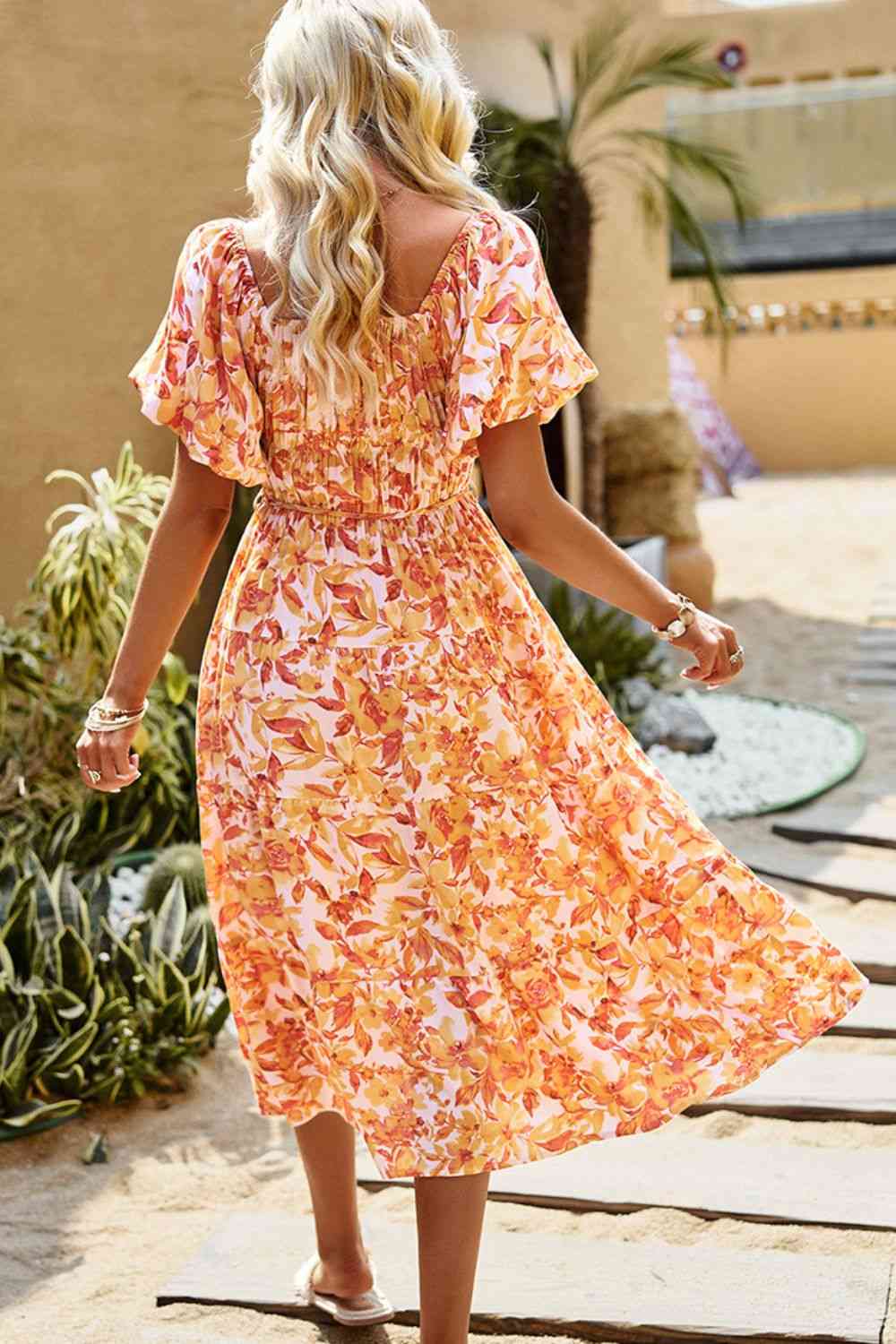 Floral Square Neck Tiered Midi Dress - AllIn Computer