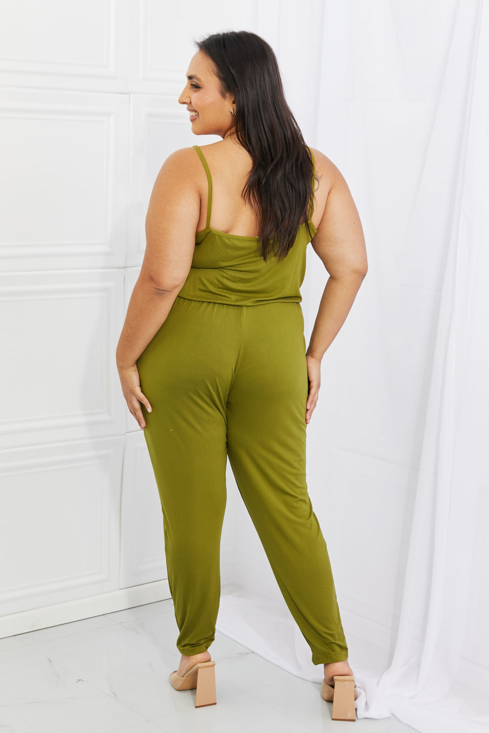 Capella Comfy Casual Full Size Solid Elastic Waistband Jumpsuit in Chartreuse - AllIn Computer