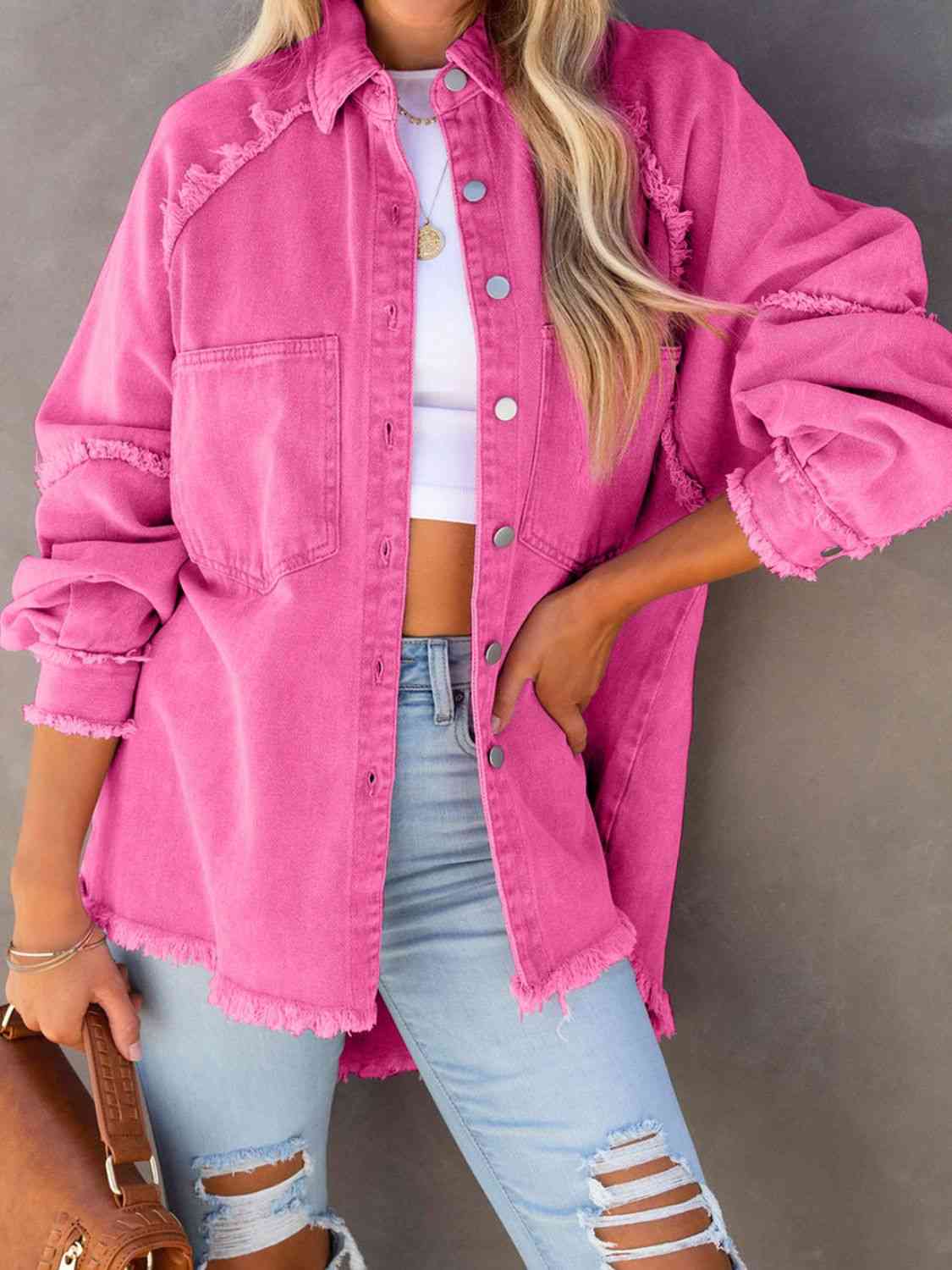 Button Down Raw Hem Denim Jacket - AllIn Computer