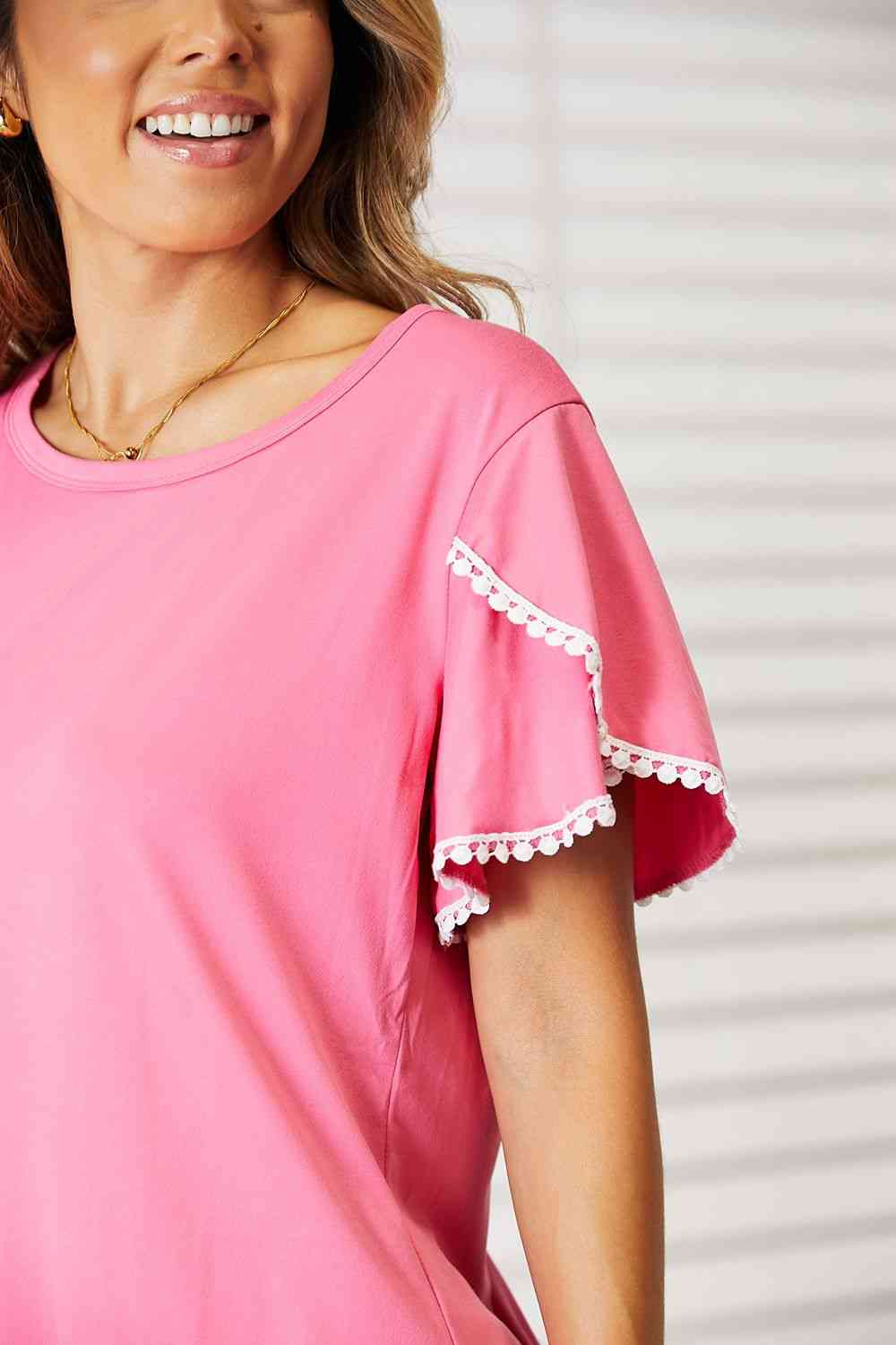 Double Take Pom-Pom Trim Flutter Sleeve Round Neck T-Shirt - AllIn Computer