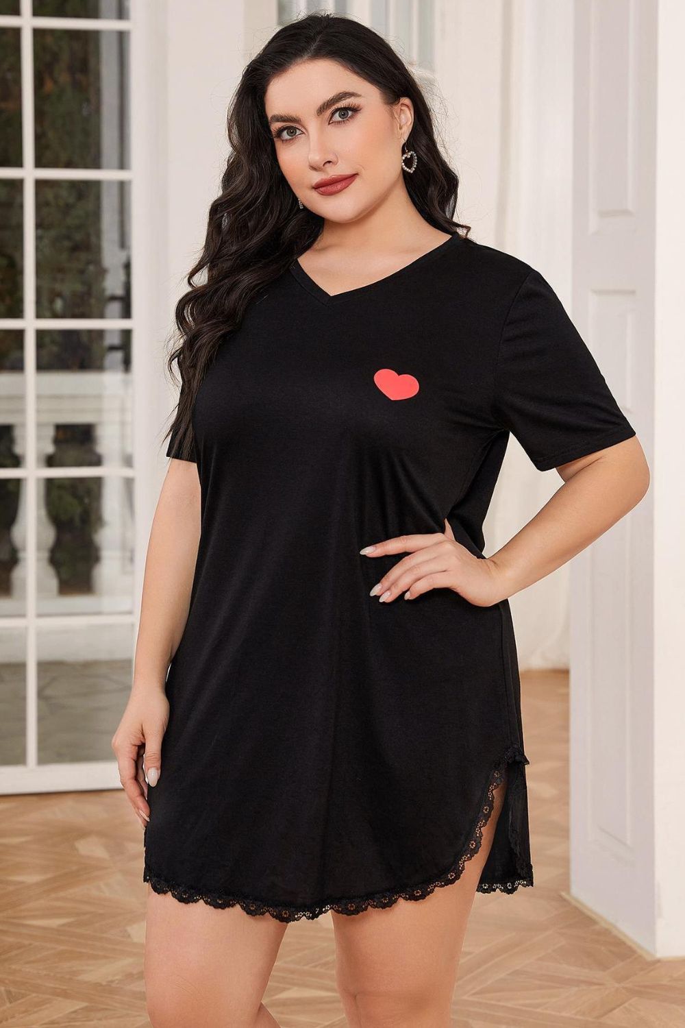 Plus Size Lace Trim V-Neck Short Sleeve Night Dress - AllIn Computer