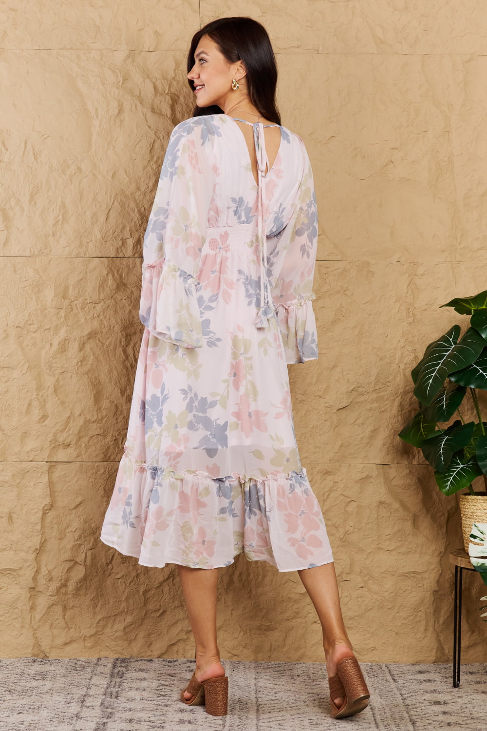 OneTheLand The Right Time Floral Bell Sleeve Midi Dress in Coral - AllIn Computer