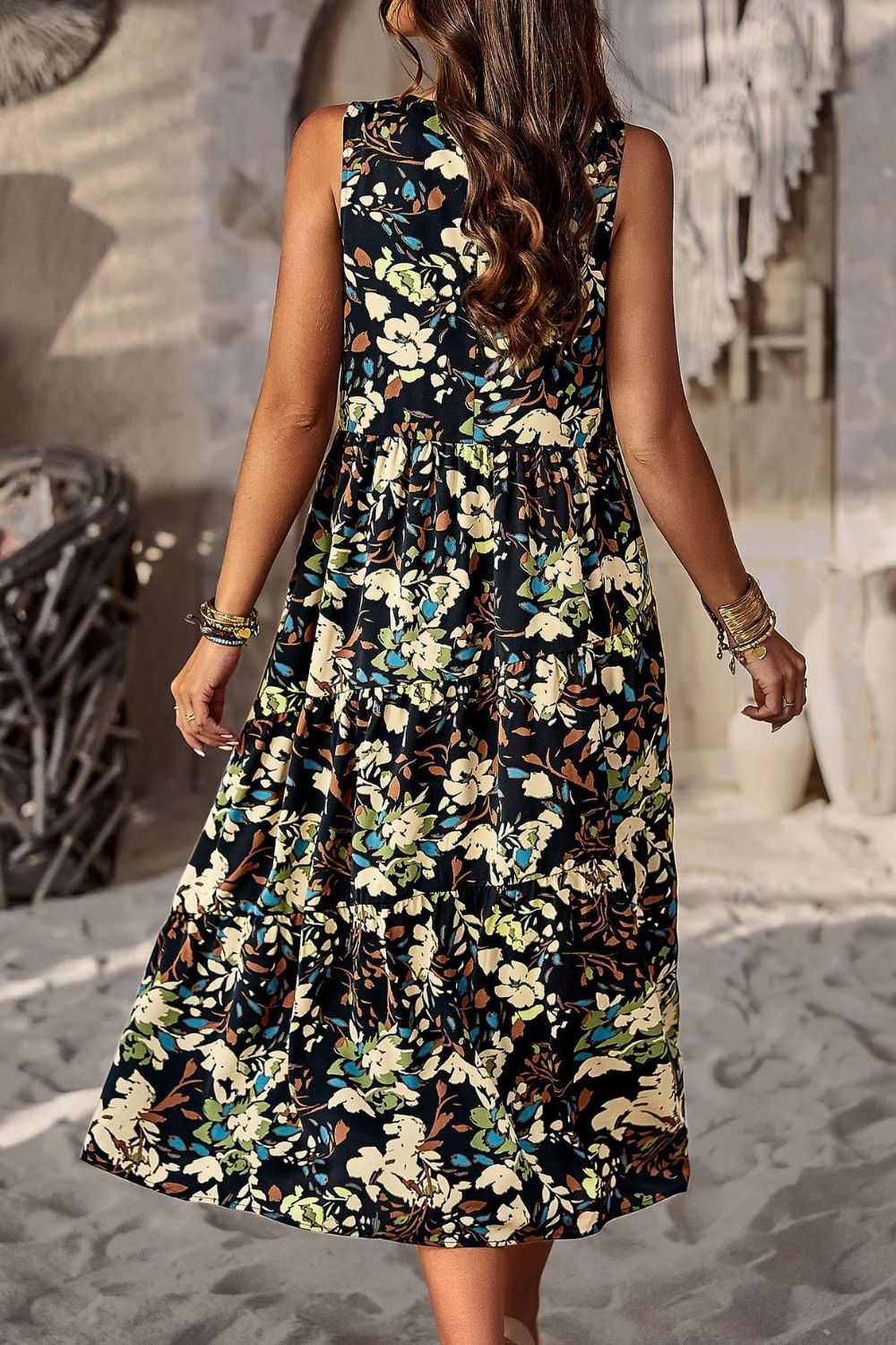 Printed Sleeveless Midi Dress with Pocket - AllIn Computer