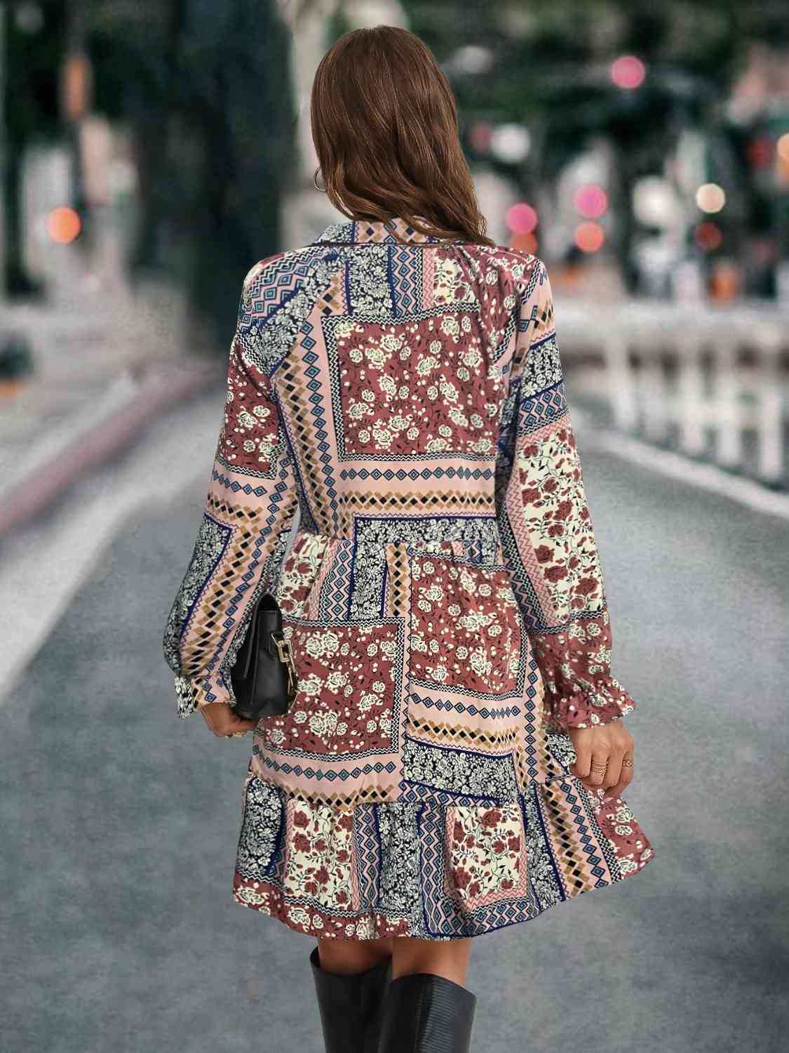 Printed Tie Front Flounce Sleeve Dress - AllIn Computer