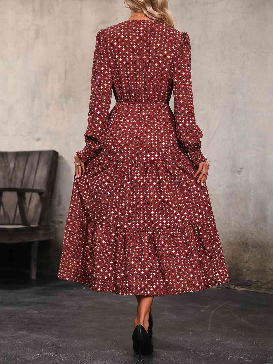 Printed Tiered V-Neck Buttoned Midi Dress - AllIn Computer