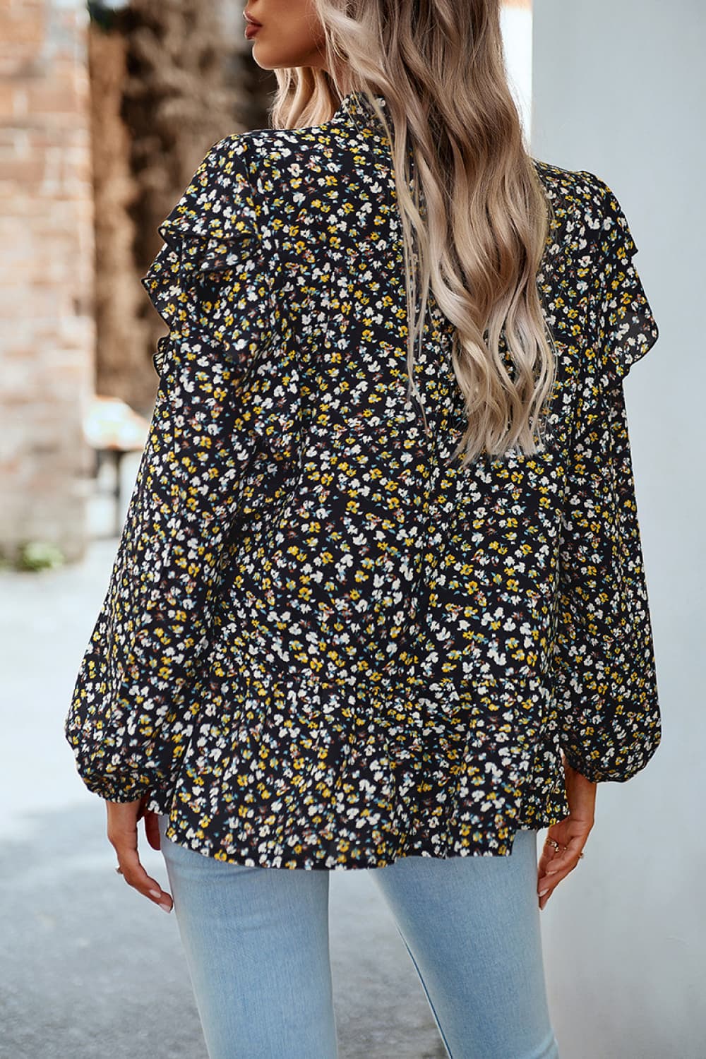 Ruffle Collar Long Sleeve Peplum Top - AllIn Computer