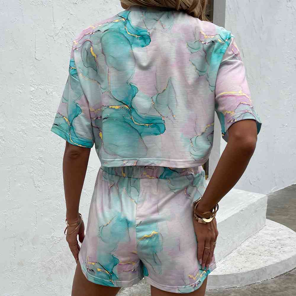 Printed Round Neck Dropped Shoulder Half Sleeve Top and Shorts Set - AllIn Computer