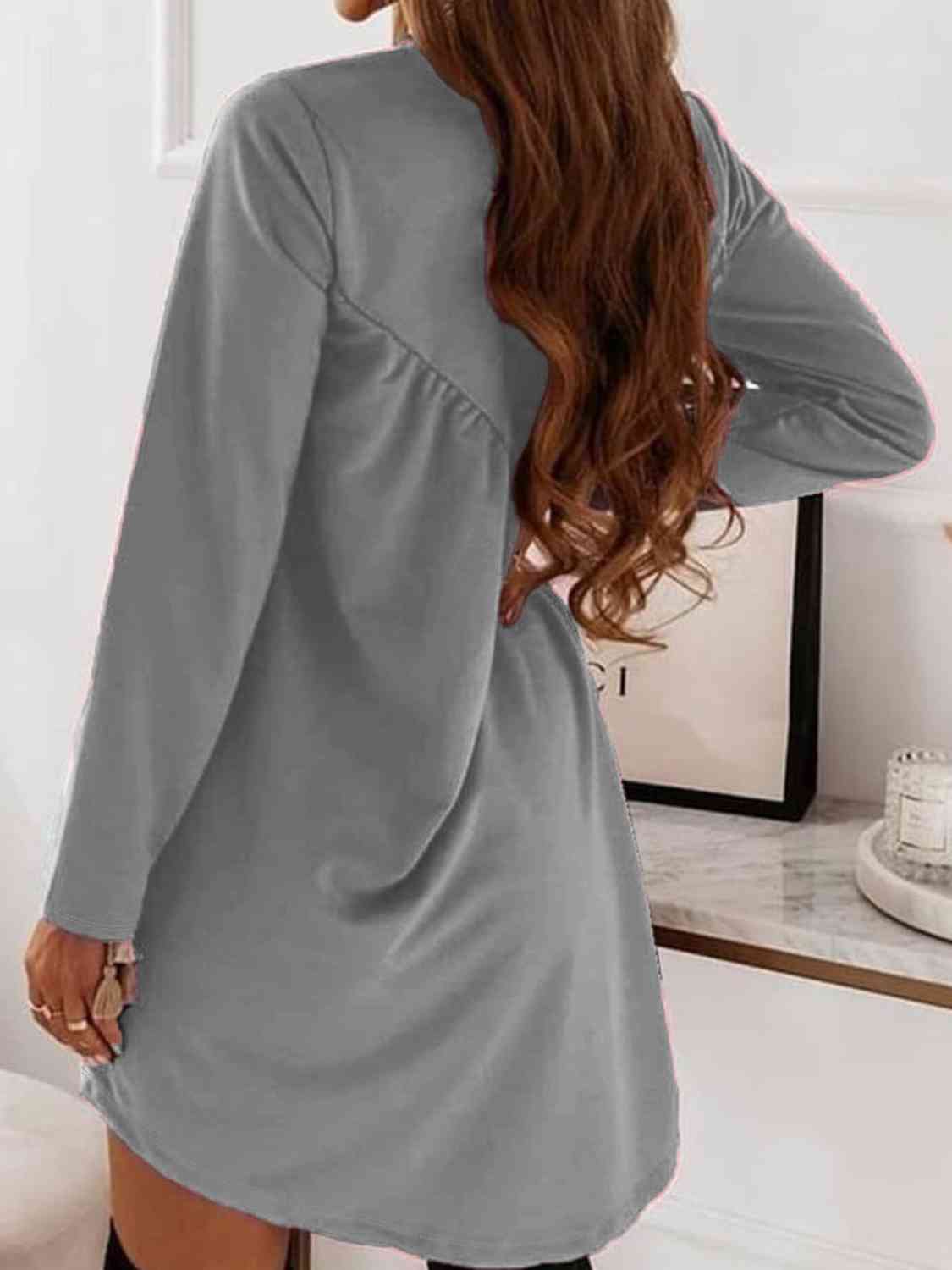 Ruched Round Neck Long Sleeve Dress - AllIn Computer