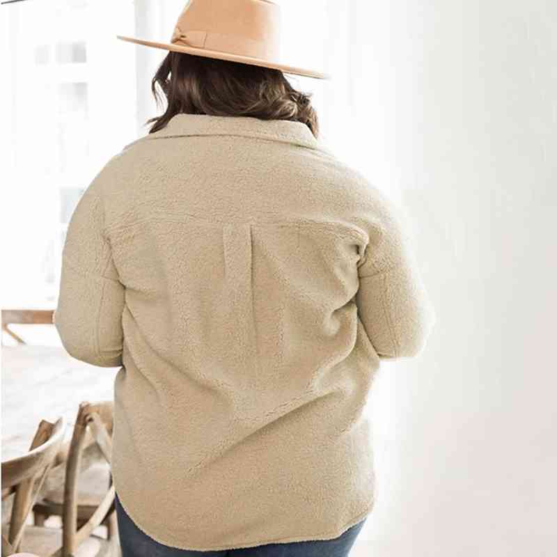 Button Down Dropped Shoulder Fleece Jacket - AllIn Computer