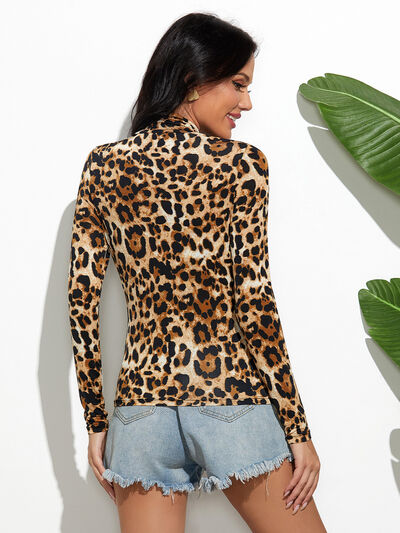 Leopard Mock Neck Long Sleeve T-Shirt - AllIn Computer