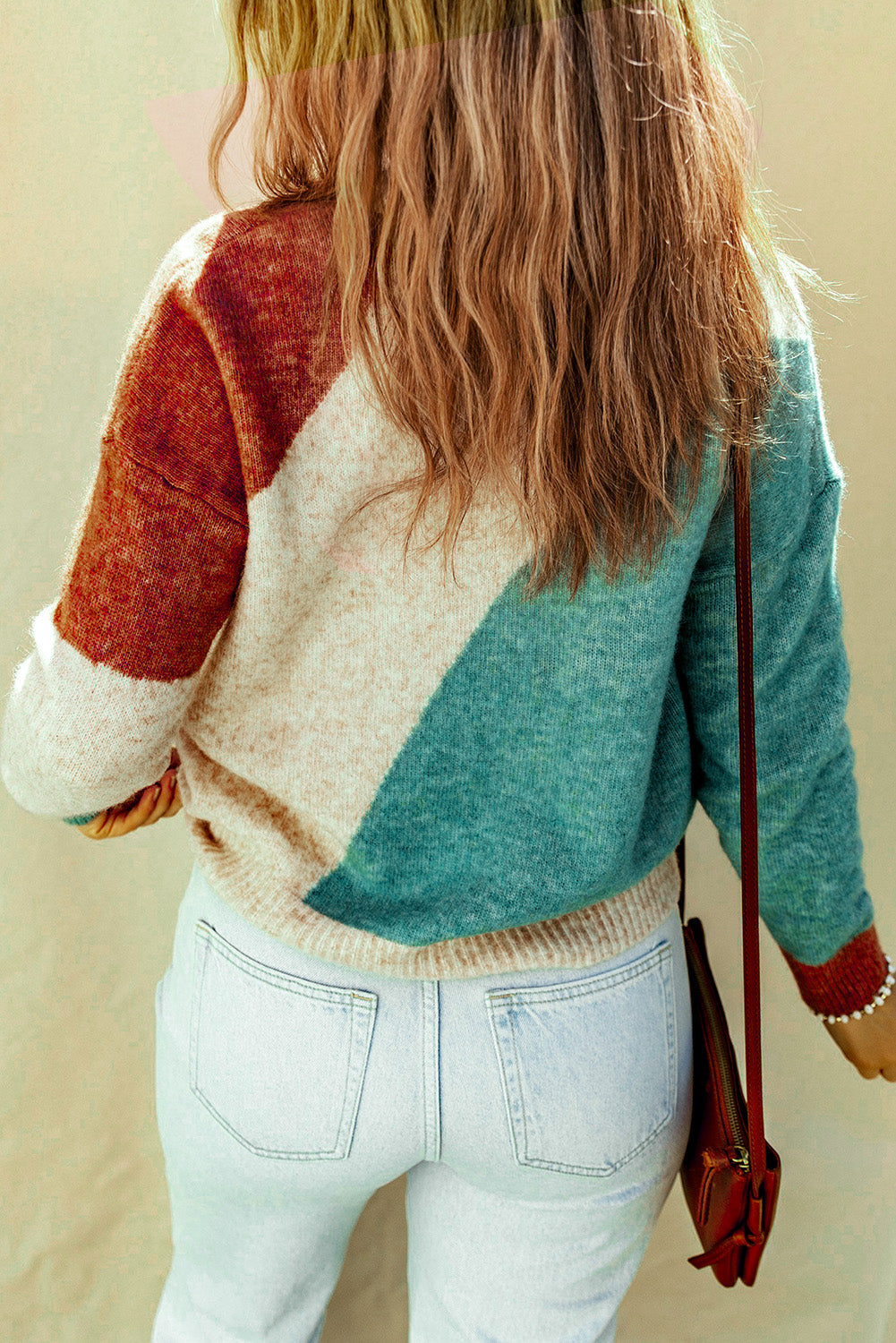 Color Block Round Neck Dropped Shoulder Pullover Sweater - AllIn Computer