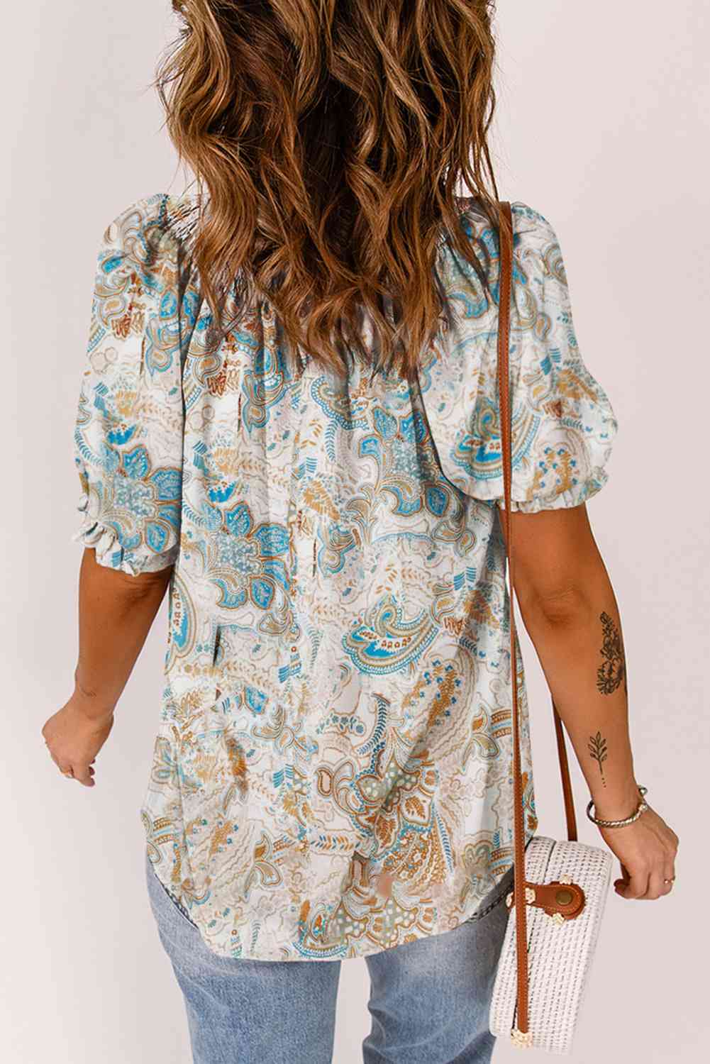 Printed Tie Neck Flounce Sleeve Top - AllIn Computer