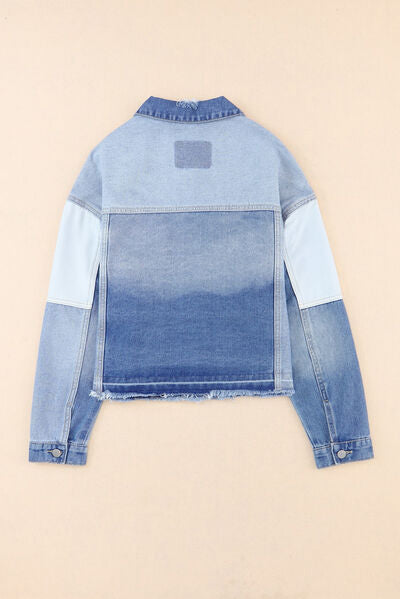 Color Block Distressed Button Up Denim Jacket - AllIn Computer