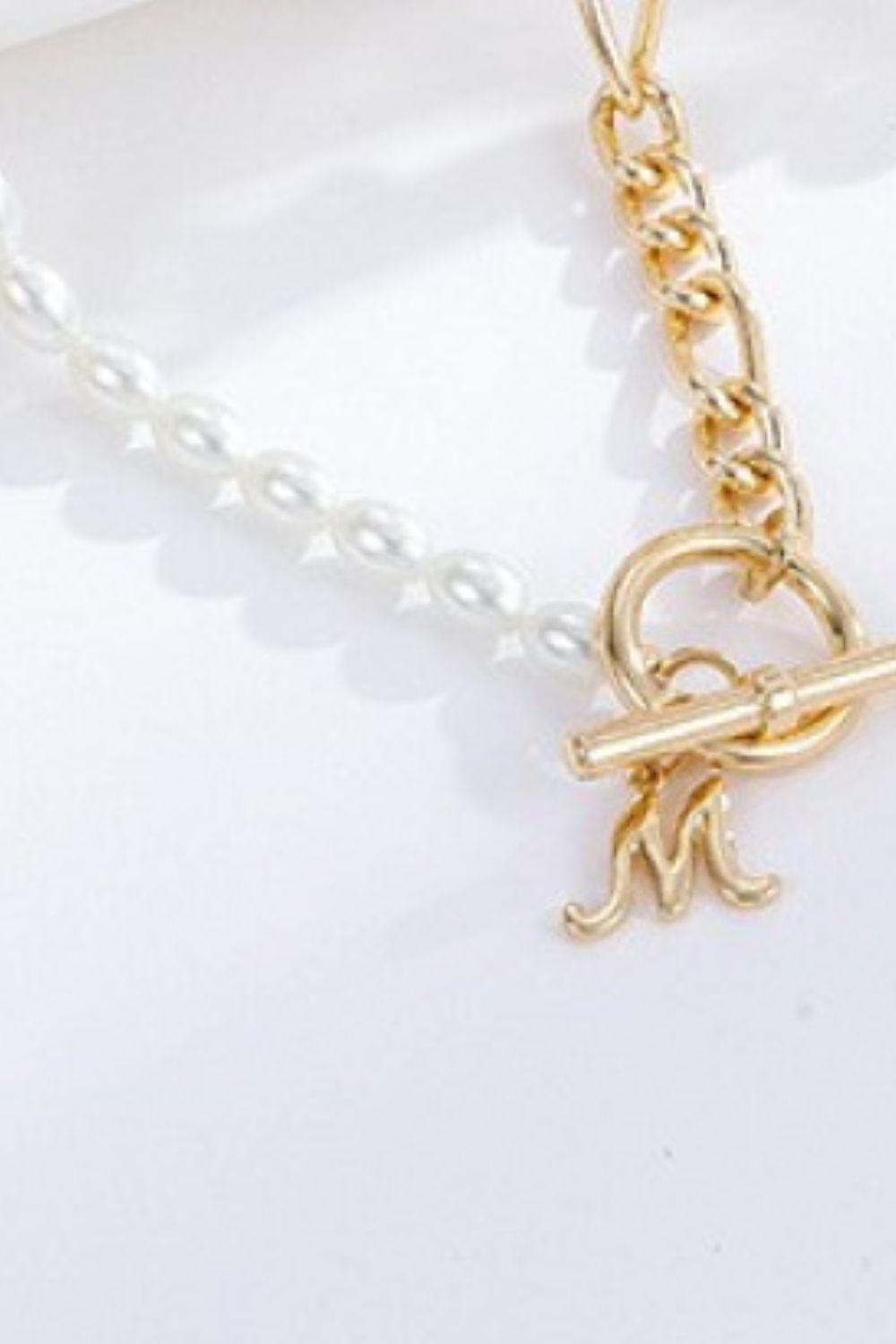 Alphabet M Pendant Half Pearl and Half Chain Necklace - AllIn Computer