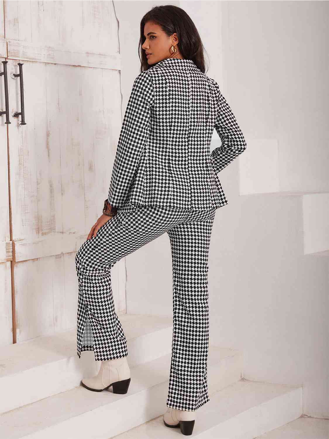 Checkered Blazer & Slit Pants Set - AllIn Computer