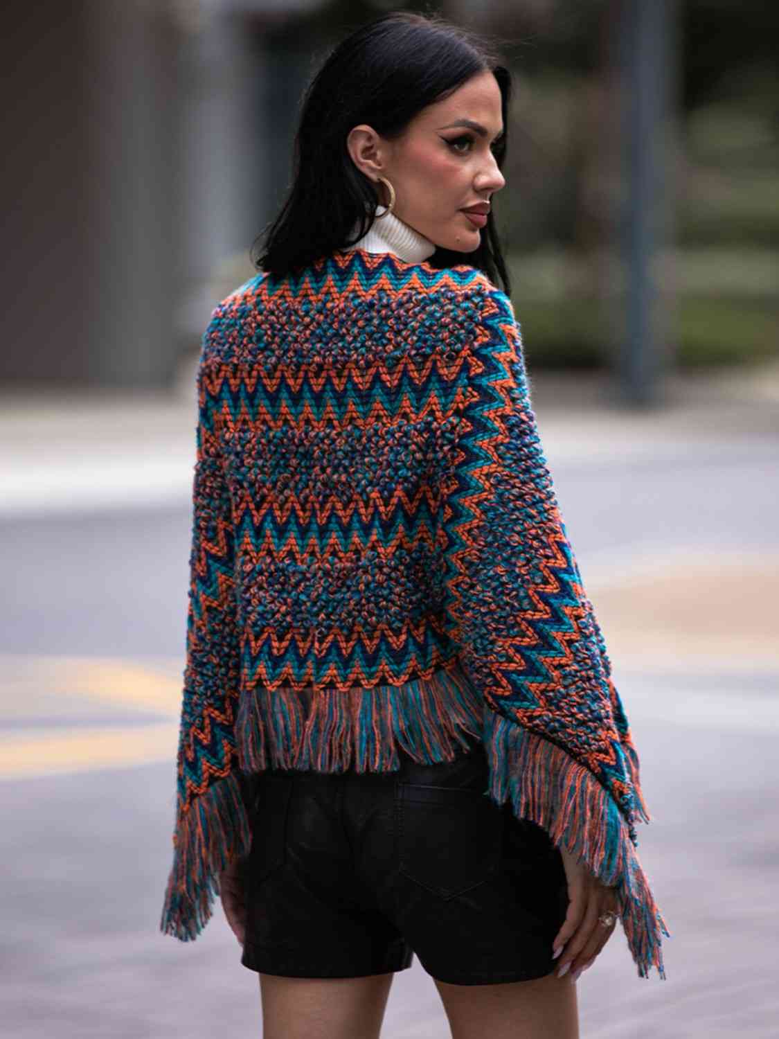 Fringe Hem Boat Neck Poncho - AllIn Computer