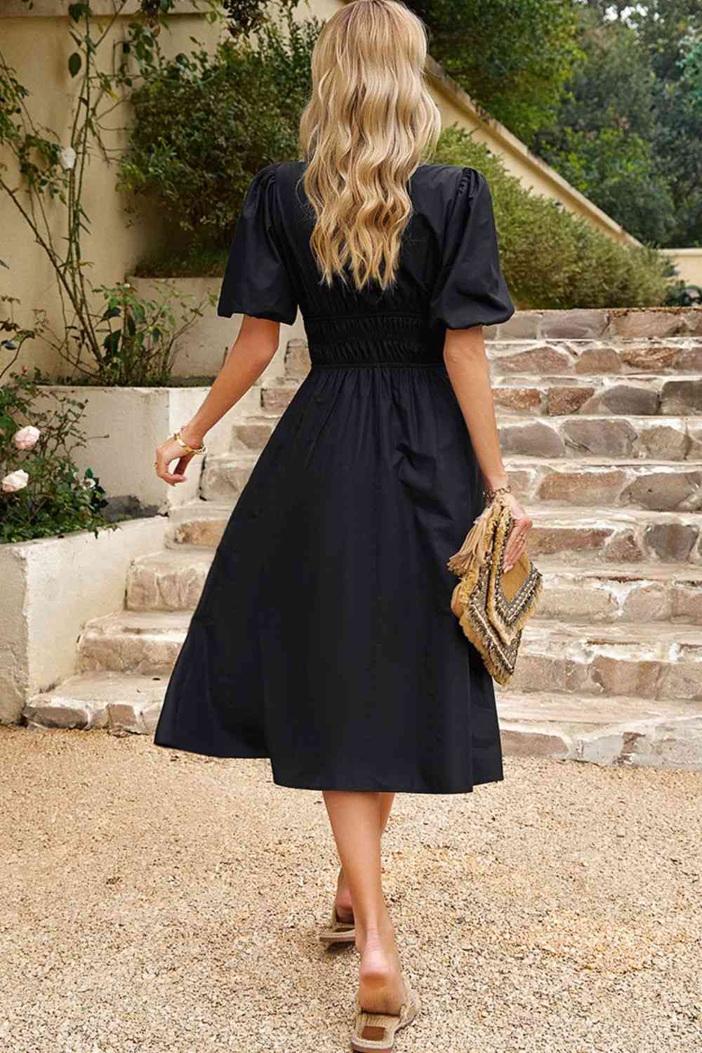 Puff Sleeve Smocked Waist Midi Dress - AllIn Computer