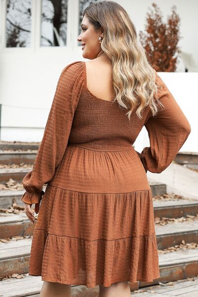 Plus Size Smocked Square Neck Tiered Dress - AllIn Computer