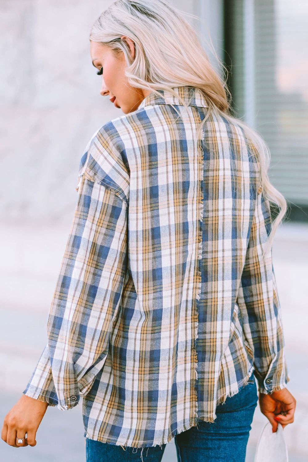 Double Take Plaid Raw Hem Dropped Shoulder Johnny Collar Shirt - AllIn Computer