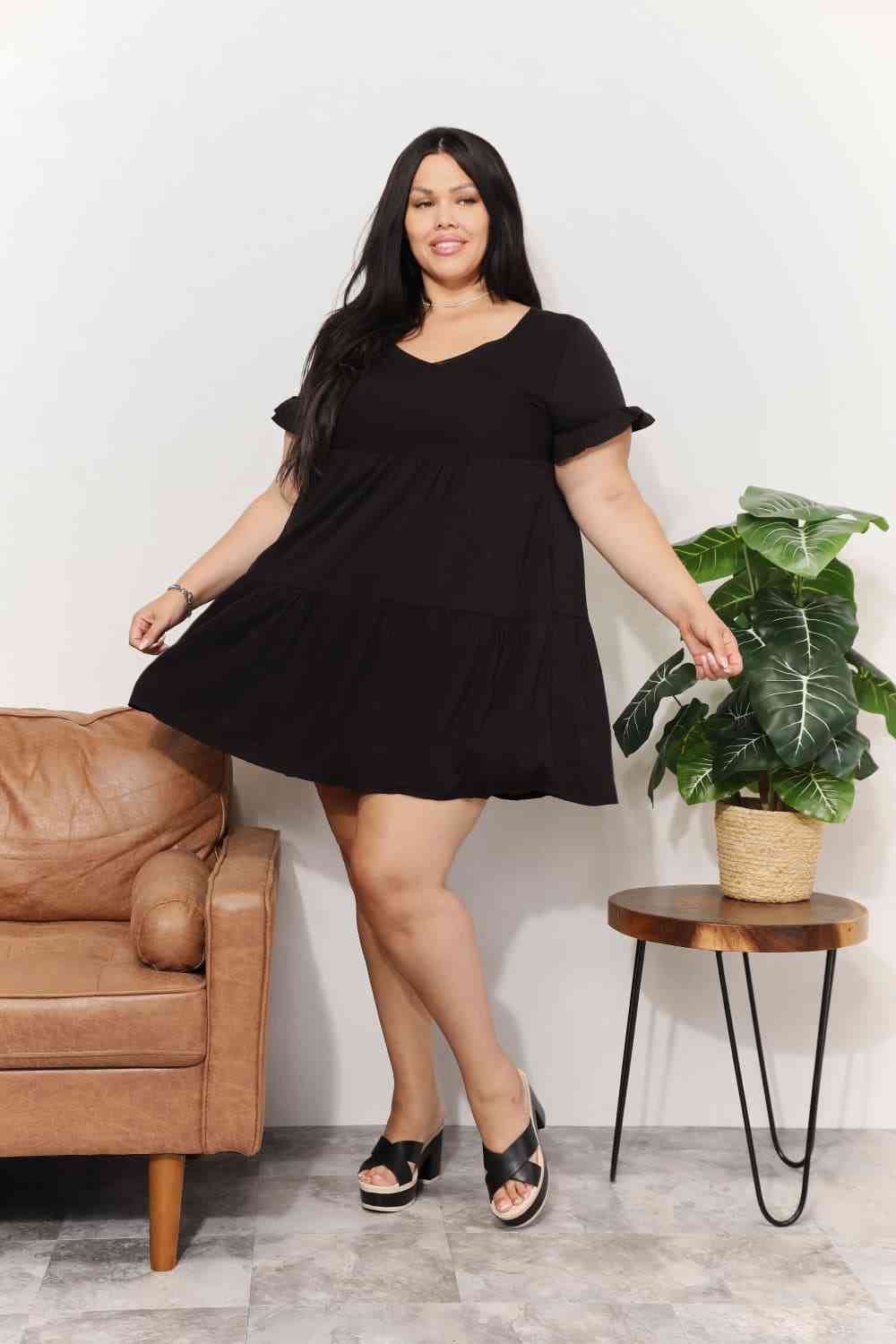 Double Take V-Neck Flounce Sleeve Tiered Dress - AllIn Computer