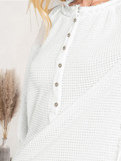 Waffle Knit Half Button Raw Hem Blouse - AllIn Computer