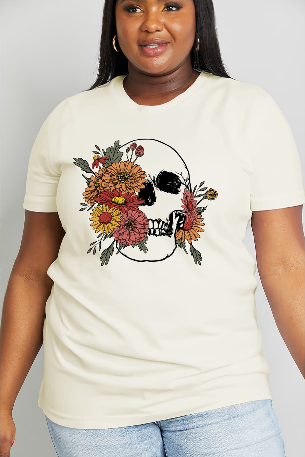 Simply Love Full Size Flower Skull Graphic Cotton Tee - AllIn Computer