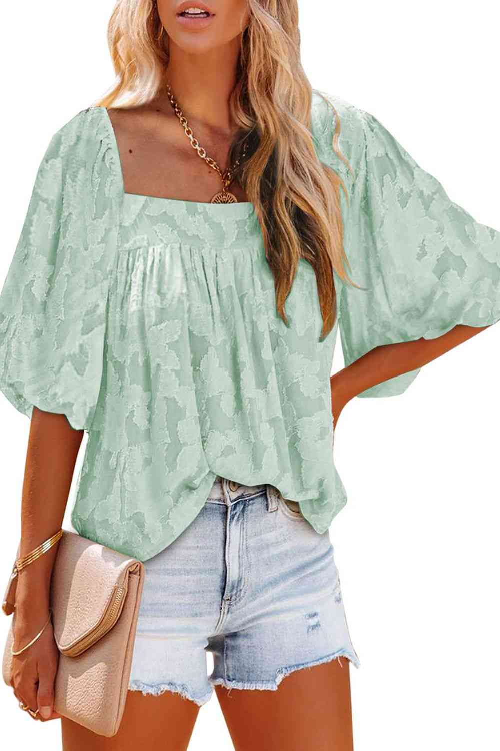 Square Neck Puff Sleeve Blouse - AllIn Computer