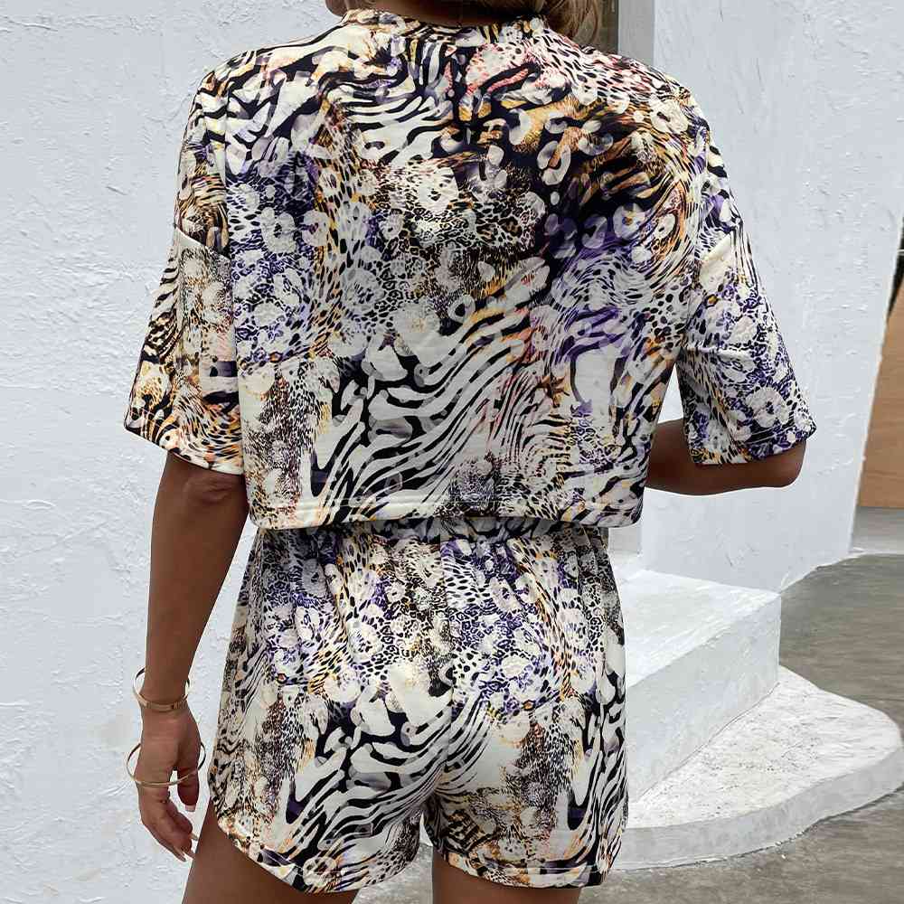 Printed Round Neck Dropped Shoulder Half Sleeve Top and Shorts Set - AllIn Computer