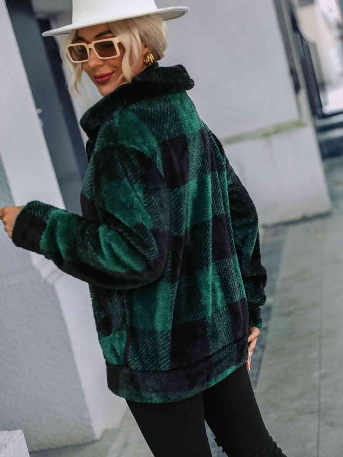 Plaid Zip-Up Collared Jacket - AllIn Computer