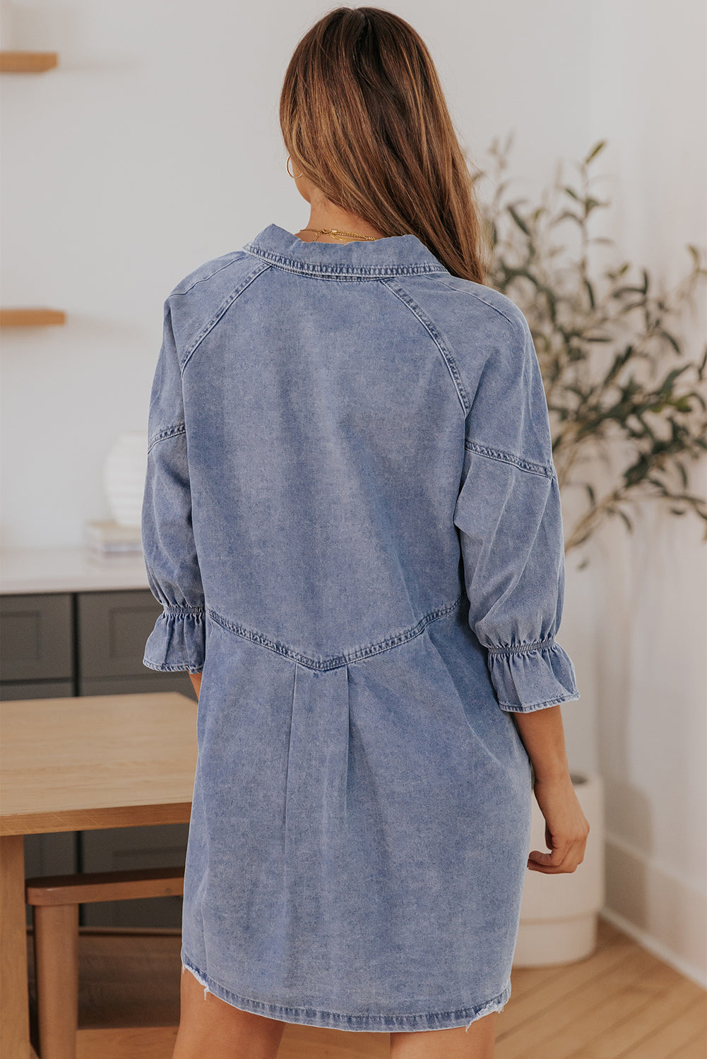 Collared Neck Flounce Sleeve Denim Mini Dress - AllIn Computer