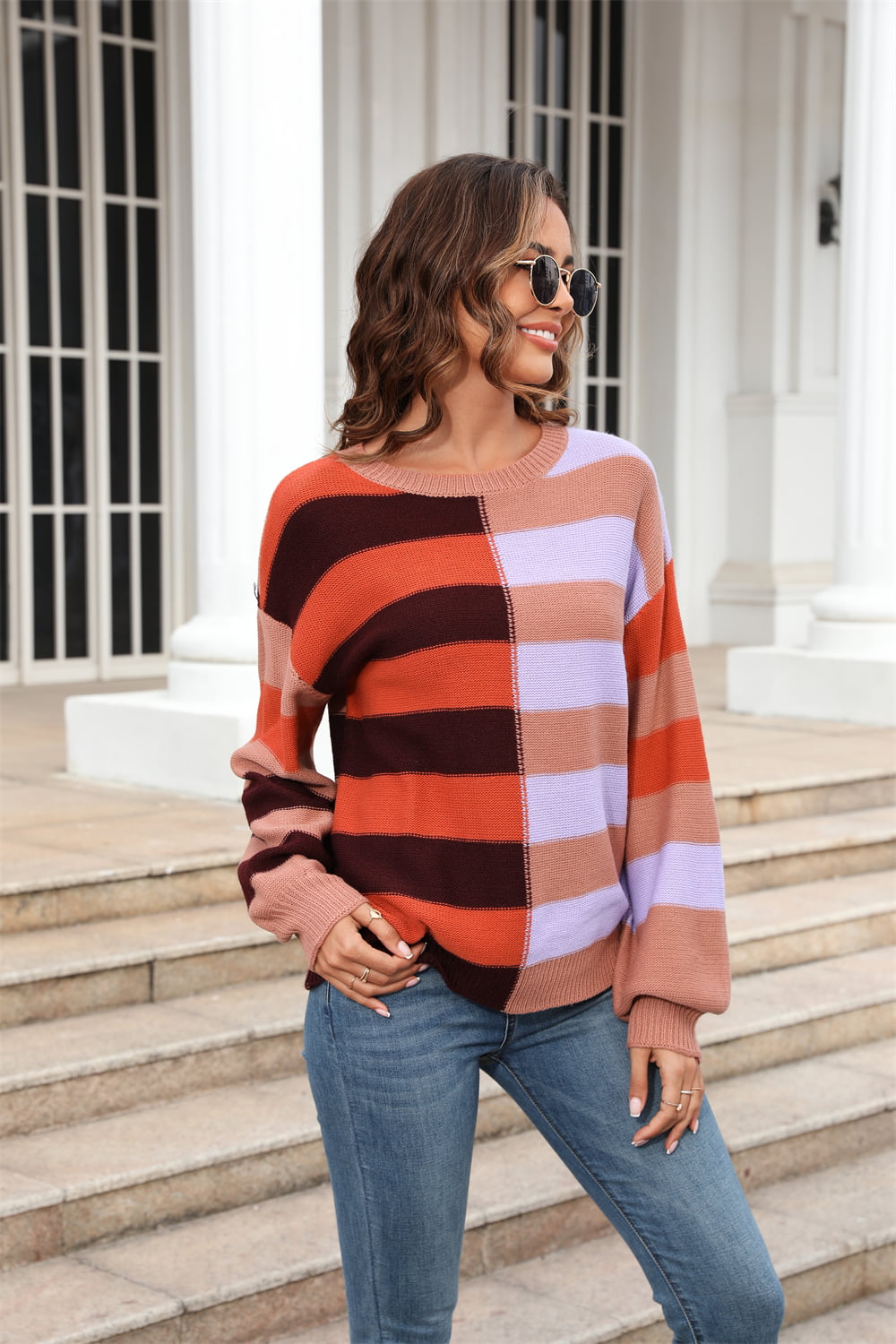 Round Neck Long Sleeve Color Block Dropped Shoulder Pullover Sweater - AllIn Computer