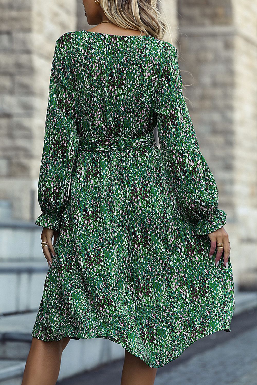 Printed Flounce Sleeve Surplice Neck Dress - AllIn Computer