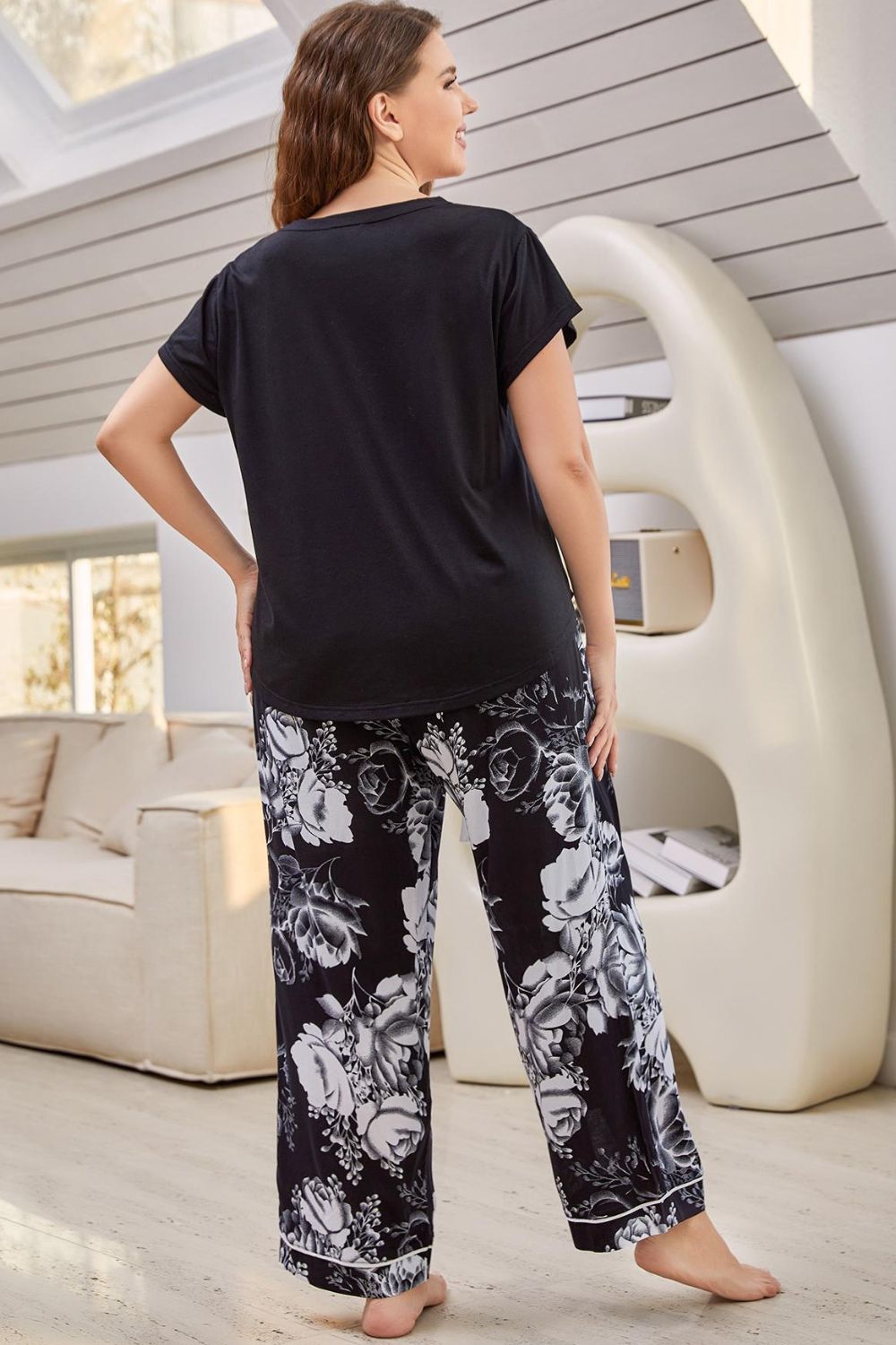 Full Size V-Neck Top and Floral Pants Lounge Set - AllIn Computer