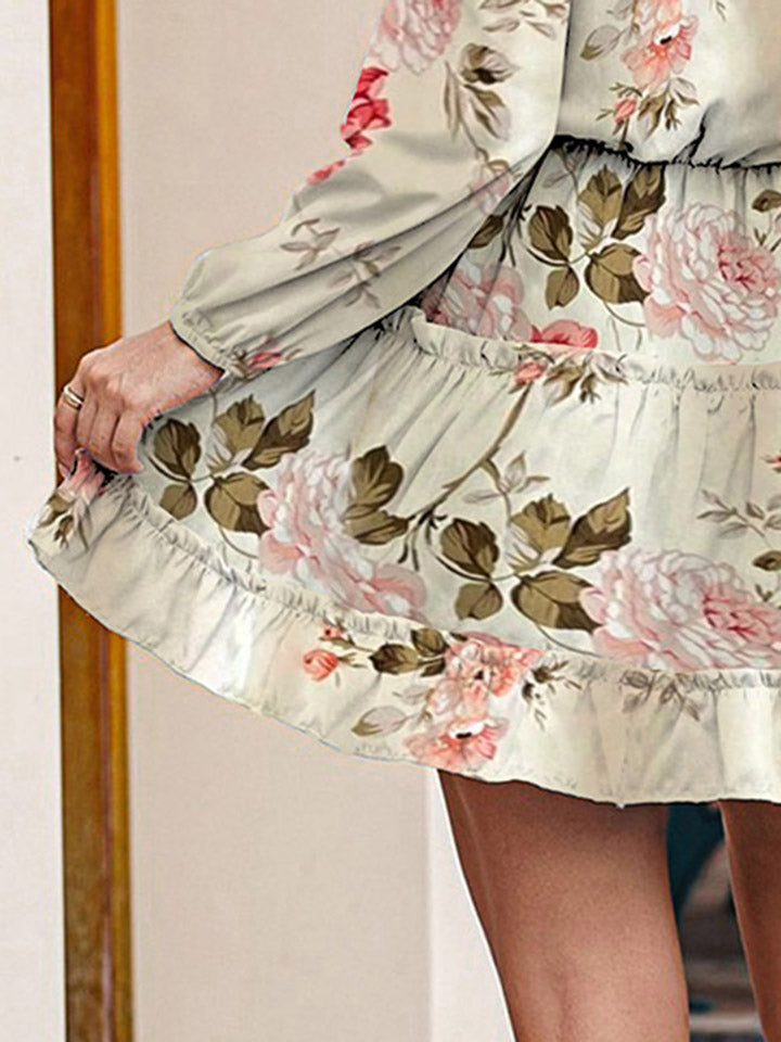 Printed Tie Neck Long Sleeve Dress - AllIn Computer