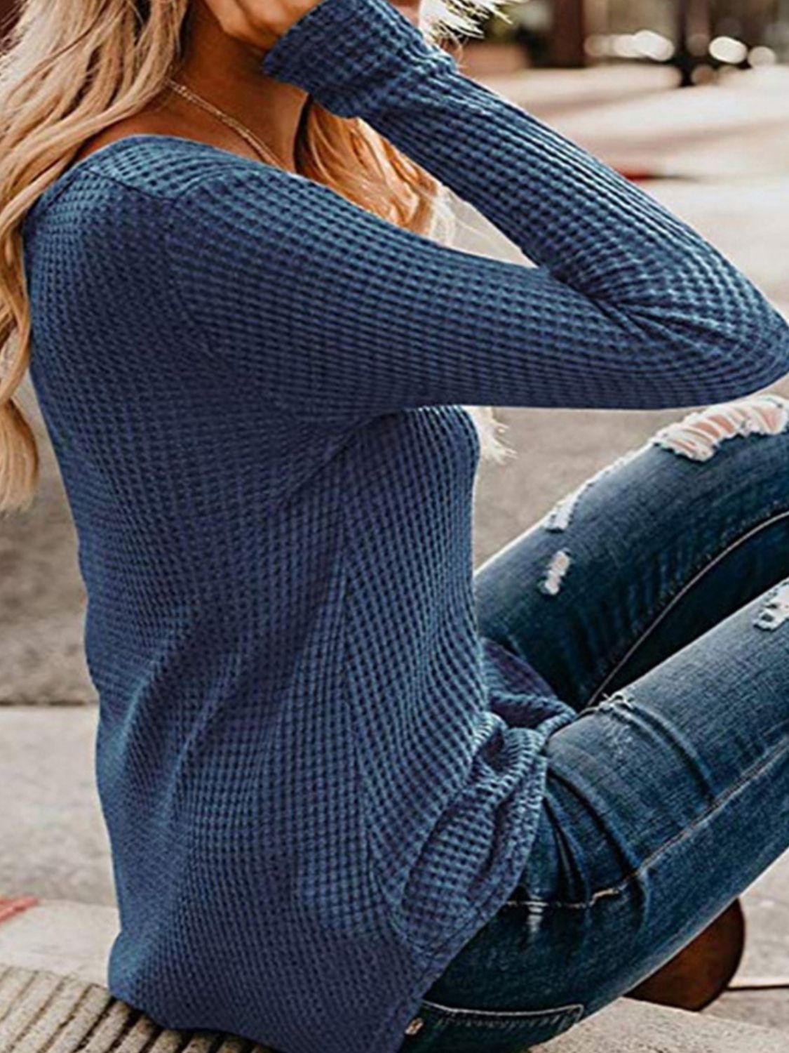 Waffle-Knit V-Neck Top - AllIn Computer