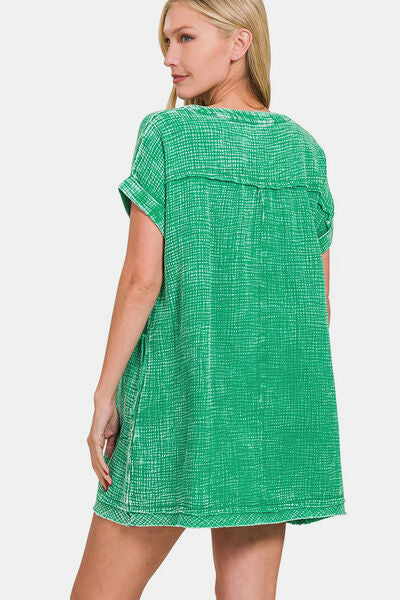 Zenana Washed Notched Short Sleeve Mini Dress - AllIn Computer