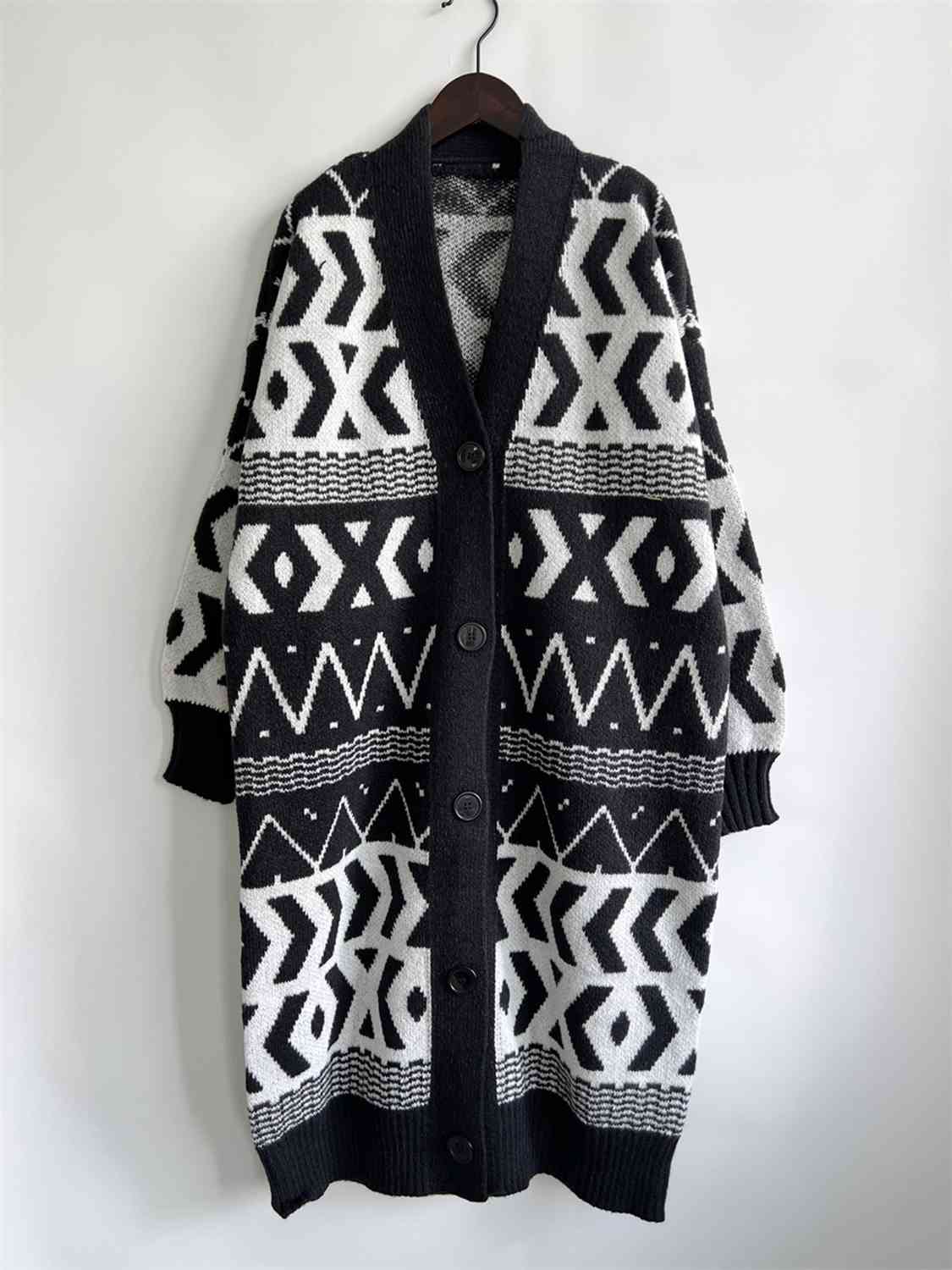 Geometric Button Front Longline Cardigan - AllIn Computer