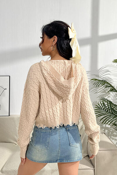 Cable-Knit Dropped Shoulder Hooded Sweater - AllIn Computer