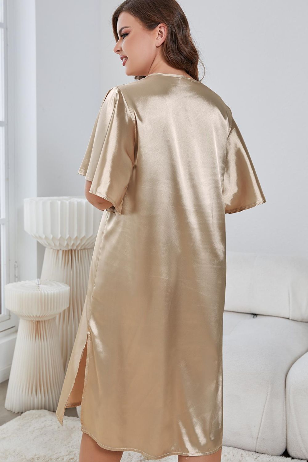 Plus Size Flutter Sleeve V-Neck Side Slit Night Gown - AllIn Computer