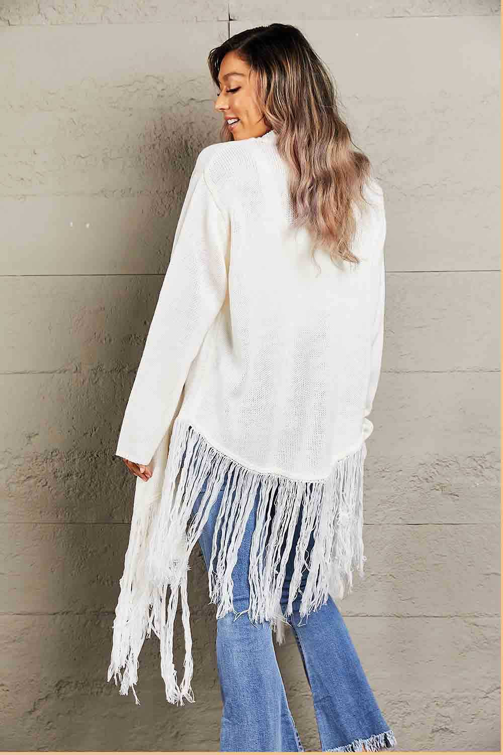Double Take Fringe Hem Open Front Ribbed Trim Cardigan - AllIn Computer