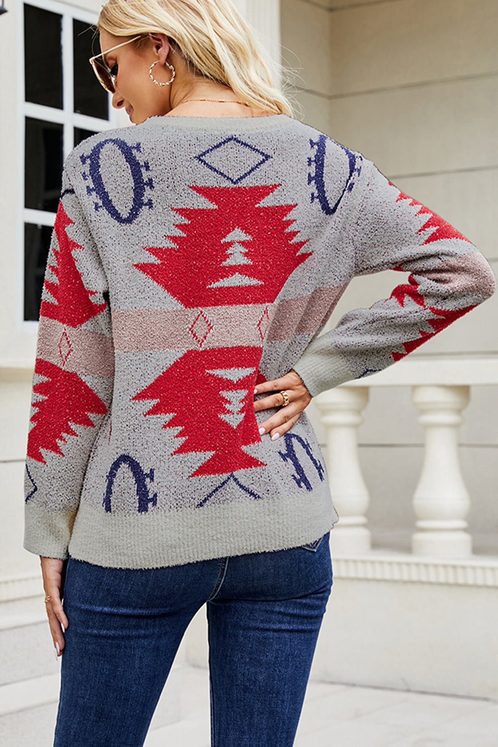 Printed Round Neck Long Sleeve Sweater - AllIn Computer