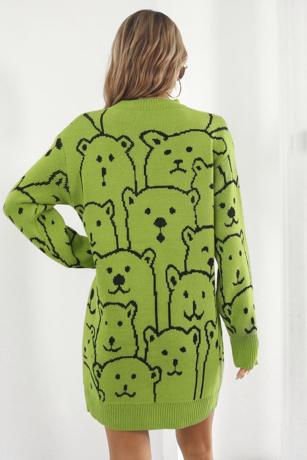 Bear Pattern Round Neck Sweater Dress - AllIn Computer
