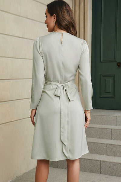 Tie-Waist Round Neck Long Sleeve Dress - AllIn Computer