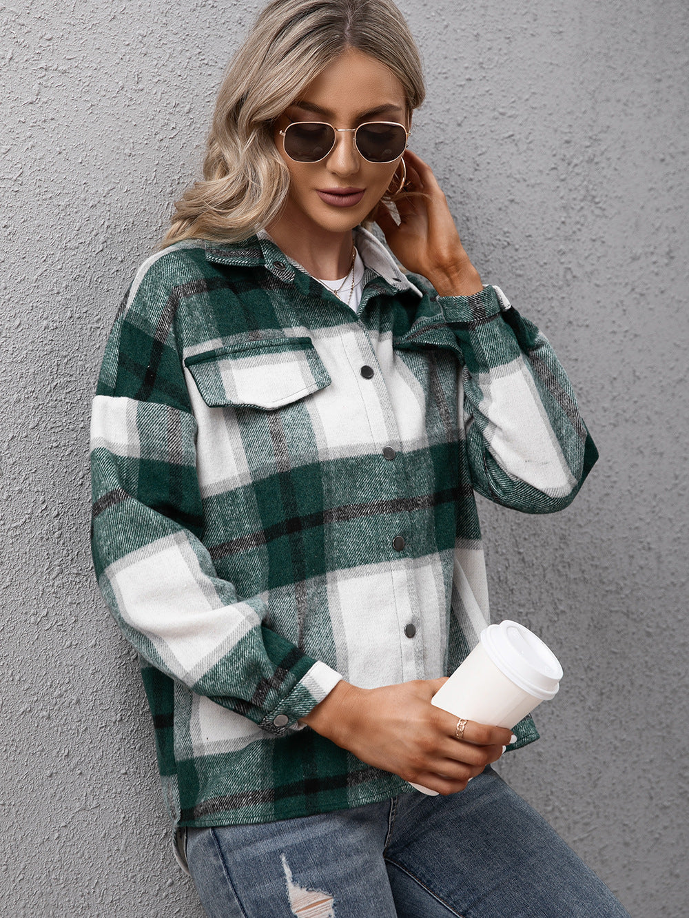 Plaid Long Sleeve Shirt Jacket - AllIn Computer