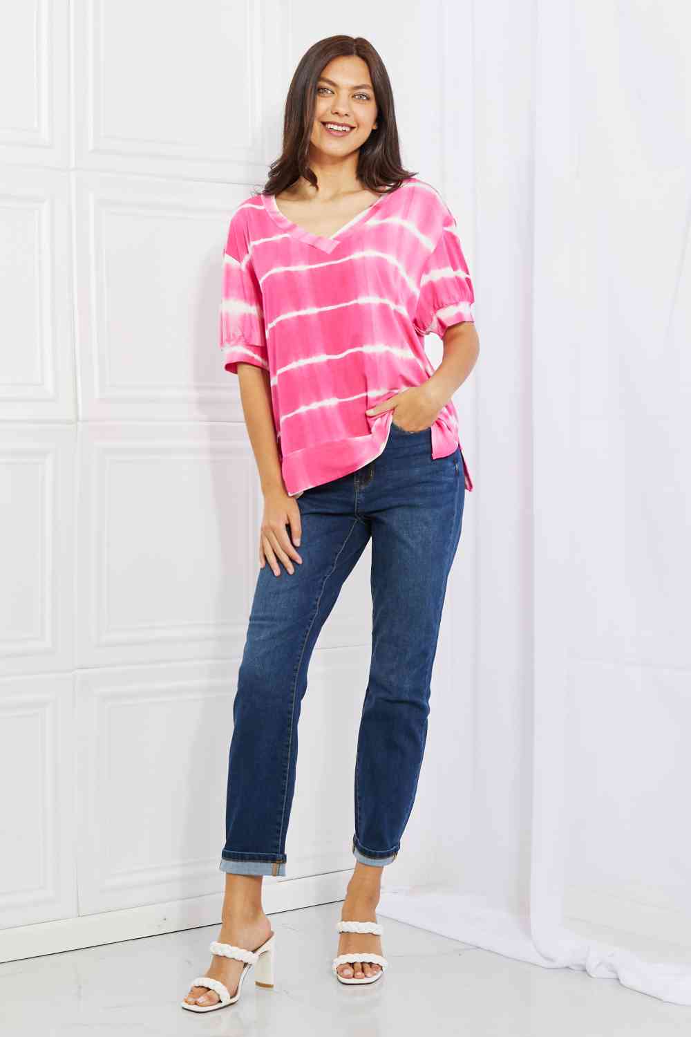 Yelete Full Size Oversized Fit V-Neck Striped Top - AllIn Computer