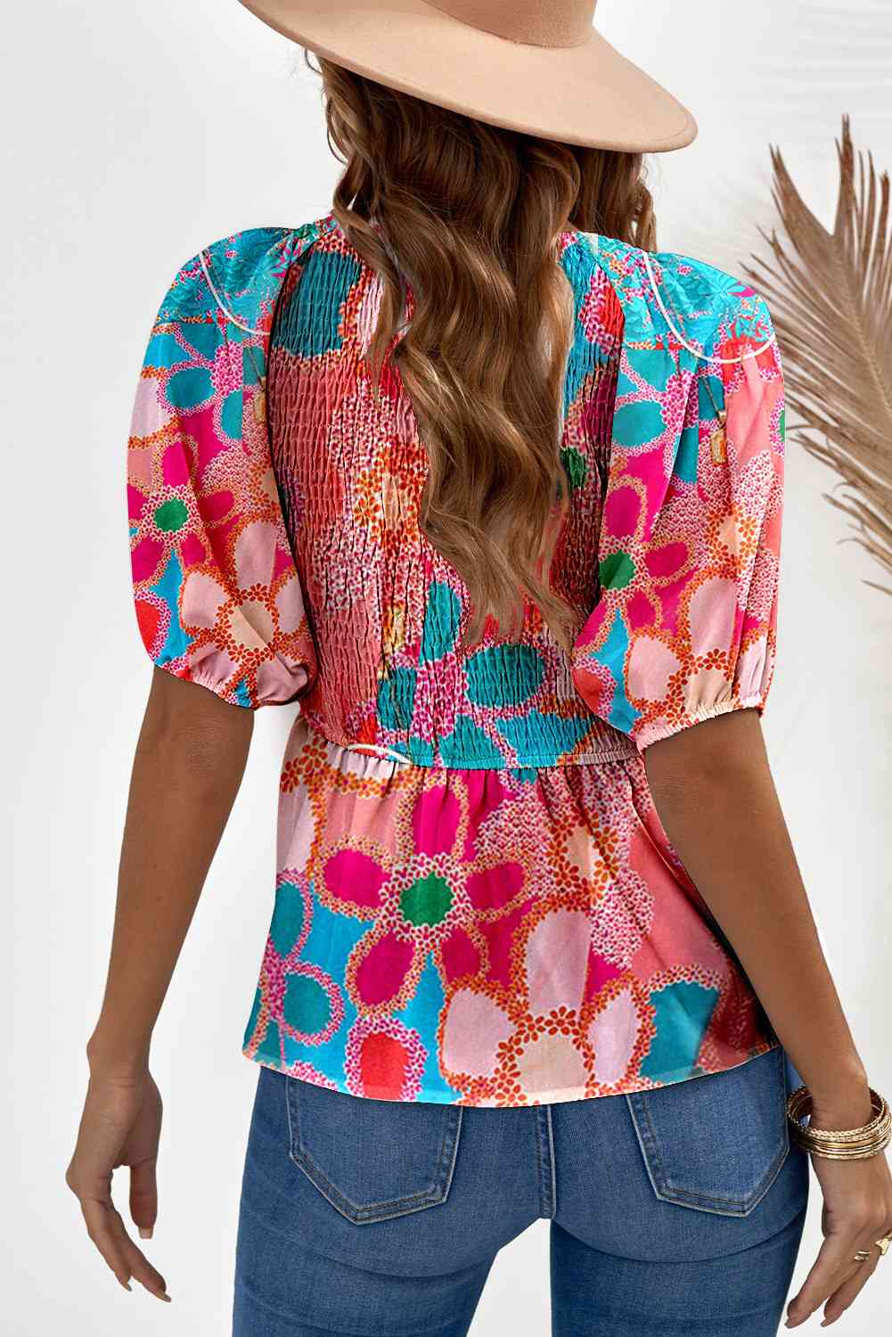 Printed V-Neck Babydoll Blouse - AllIn Computer