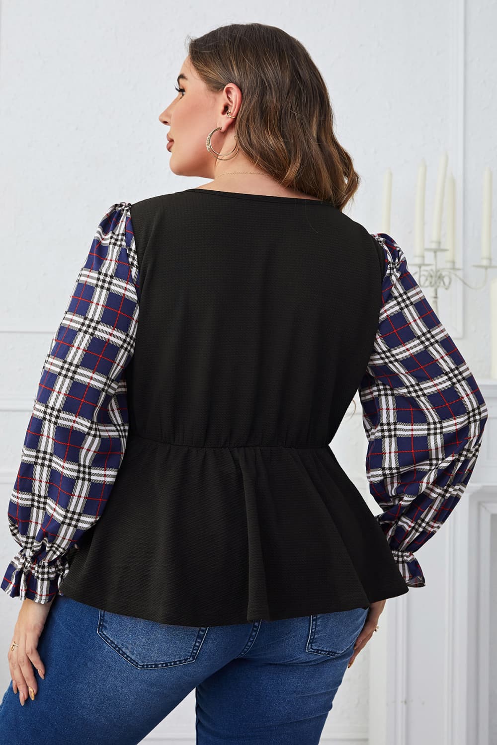 Melo Apparel Plus Size Plaid Print Square Neck Ruched Blouse - AllIn Computer