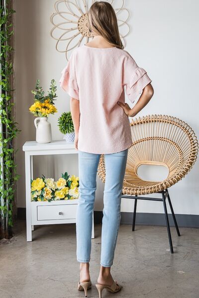 Heimish Full Size Swiss Dot Ruffle Short Sleeve Top - AllIn Computer