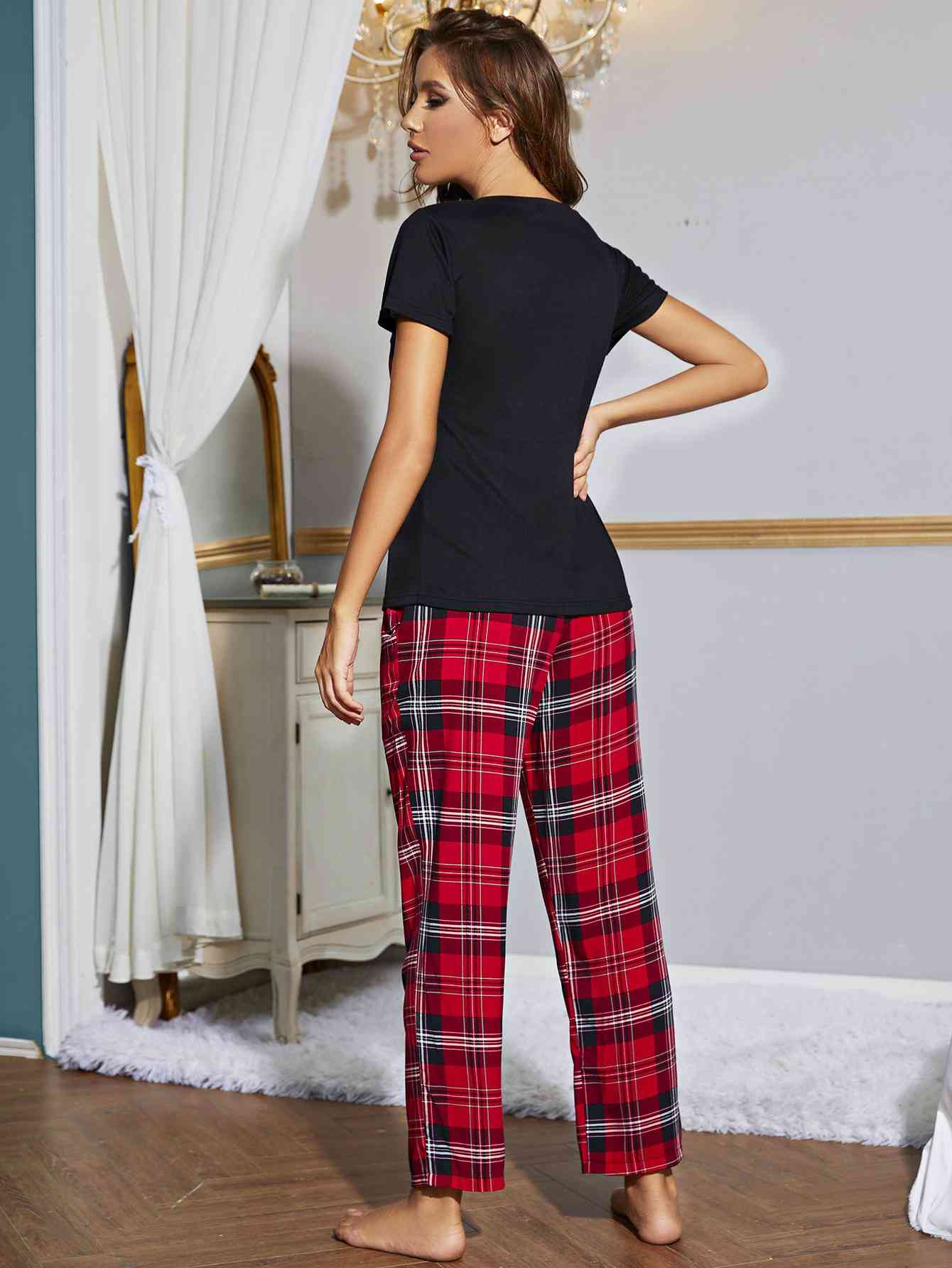 Heart Graphic V-Neck Top and Plaid Pants Lounge Set - AllIn Computer