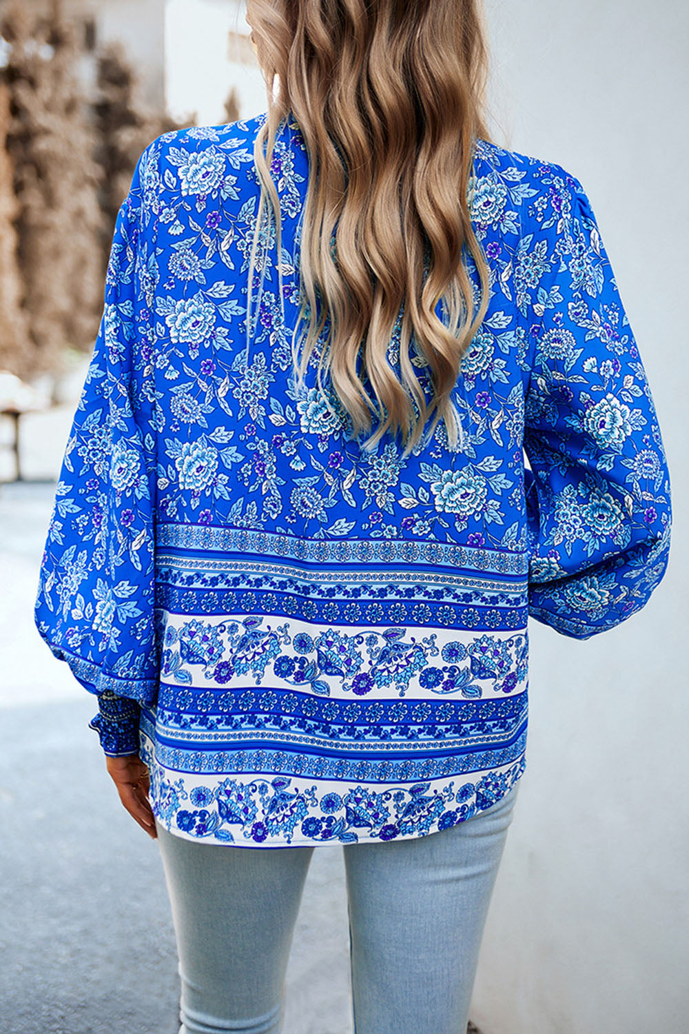 Printed Collared Neck Smocked Lantern Sleeve Shirt - AllIn Computer